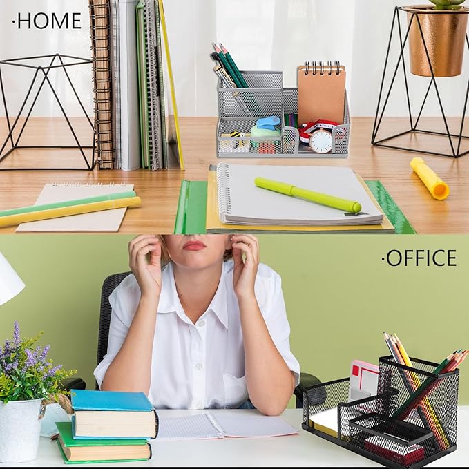 ASTIMESA 2 Pcs Metal Pen Organizer for Desk with 3 Compartments, Office Desktop Organizer Pencil Cup Caddy for Stationery Marker Storage School Home Supplies(Black，Silver (Black)