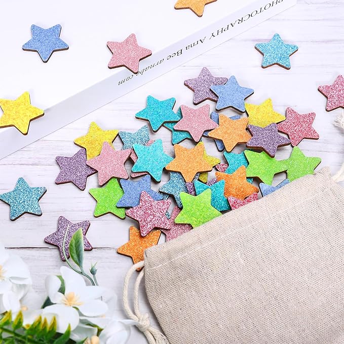 FYSUIMU 45 Pcs Glitter Star Extra Tokens for Reward Jar Macaron Colored Star Shape Wooden Cutouts Tokens with Linen Pocket for Back to School Classroom Student Teacher