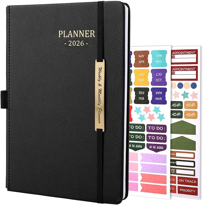 Tiankool Planner 2026, Jan 2026 - Dec 2026 Weekly Monthly Planner with Stickers, Elastic Closure, Inner Pocket, Round Corner, 5.8" x 8.25" - Black