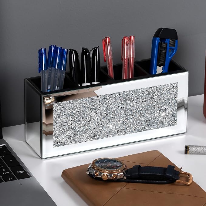 Mirrored Pen Holder 4 Compartments, Crushed Diamond Pencil Holder for Desk Glass Pen Organizer Cup for Countertop Accessory Storage, Silver