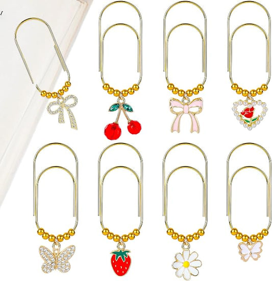 Cute Bow Paper Clips - 8 Pcs Pink Coquettee Cherry Butterfly Large Paperclips Gifts Charm Girly Aesthetic Metal Bookmarks Planner Accessories for Reading Women Girls Book Lovers Birthday
