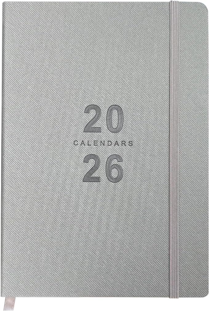 Daily Planner 2026, Calendar 2026 Agenda Planner Daily Journal Notebook 8.5"x5.8", January 2026 to December 2026, Faux Leather Cover (Grey, 8.5"×5.75")