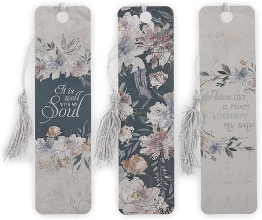 Christian Art Gifts Inspirational 3 Piece Paper Cardstock Bookmark Set for Women: It is Well with My Soul, Encouraging Hymn for Reading, Multicolor Florals, Navy Blue, Creamy Beige & Silver Designs