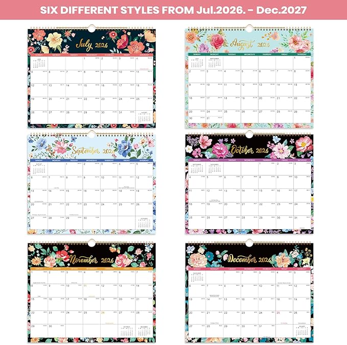 Calendar 2026-2027 - Wall Calendar 2026-2027, Jul. 2026 - Dec. 2027, 15" x 11.5", 18 Monthly Wall Calendars, Twin-Wire Binding + Hanging Hook + Thick Paper + Julian Dates - Floral