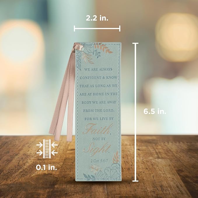 Christian Art Gifts Teal Faux Leather Floral Bookmark for Women: Walk by Faith - 2 Corinthians 5: 6-7 Inspirational Bible Verse, Heat-Debossed & Gold Accents with Taupe Satin Ribbon Reading Accessory