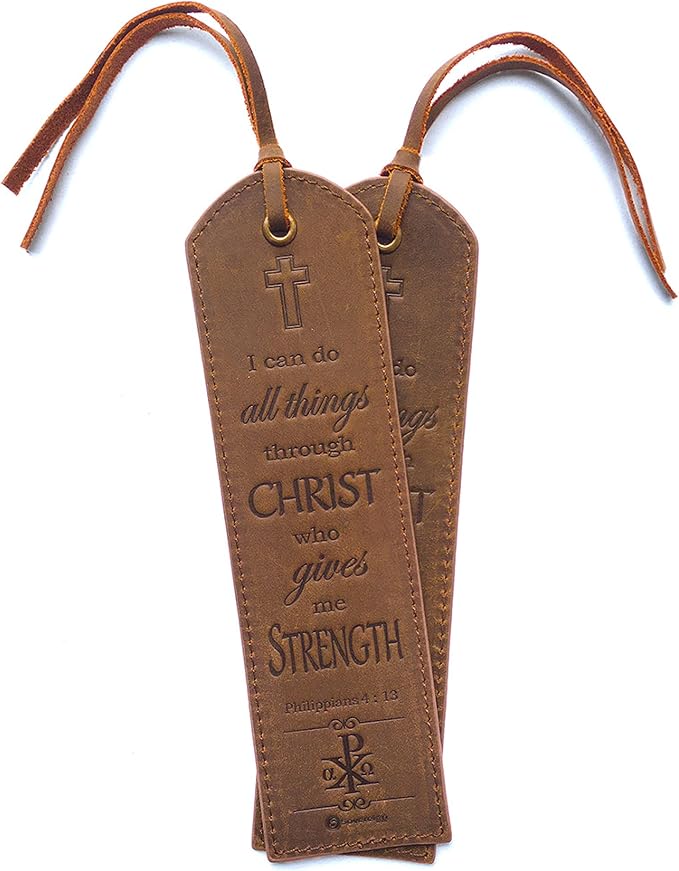 Leather Bible Bookmarks - 2 Leather Christian Bookmarks with Inspirational Bible Verse | Philippians 4: 13 I Can Do All Things Through Christ | Religious Book Marker Gifts for Men, Women and Readers