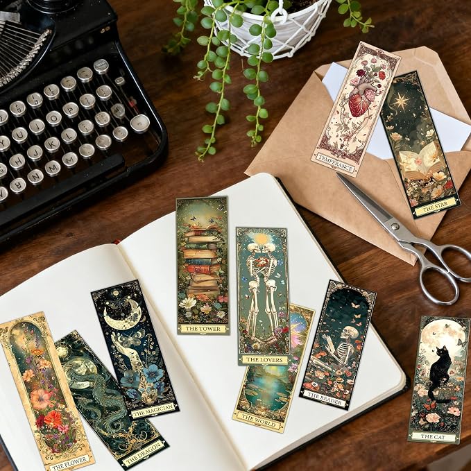 Wxiben Tarot Cards Bookmarks Gifts - 60 Pcs Fantasy Skull Bookmarks for Women Dark Romance Book Marks Moon Owl Butterfly Book Markers Page Marker Clip for Students Teachers Bookish Book Lovers Reading