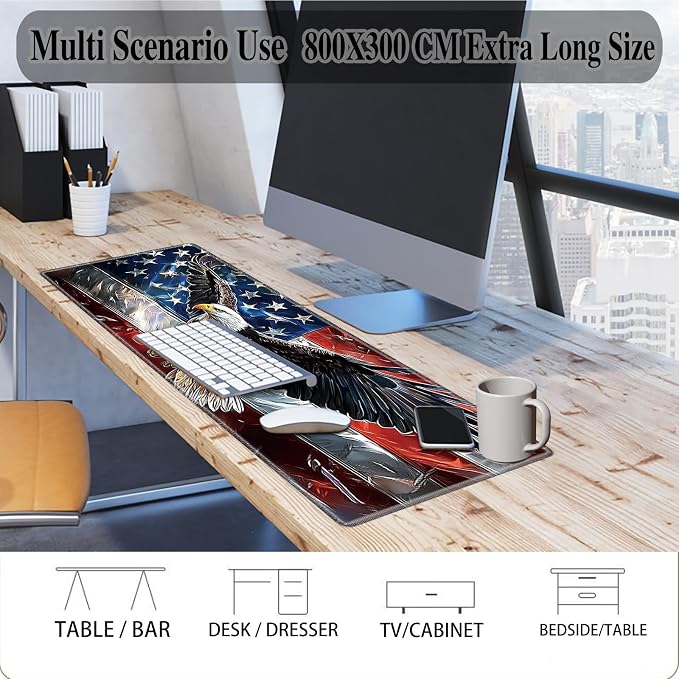 Mouse Pad Gaming Mousepad 31.5x11.8 Inch XXL Large + Coasters,Desk Mat with Stitched Edges, Non-Slip Rubber Base, Thick Mouse Pad for Computer, Laptop, Office & Home - American Flag Eagle
