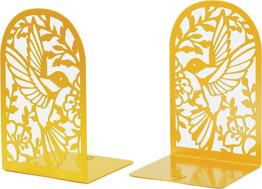 CNK Premium Metal Bookends for Home Office - Heavy Book Stoppers, Decorative Book Shelves (Hummingbird Gold)