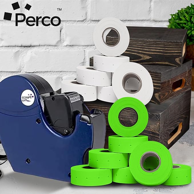 Perco White & Green Pricing Labels for Perco 2 Line Price and Date Gun – One White & One Green Sleeve - 2 Sleeves, 16 Rolls Combo Pack - 12,000 Price Marking Labels – with Label Scraper Included