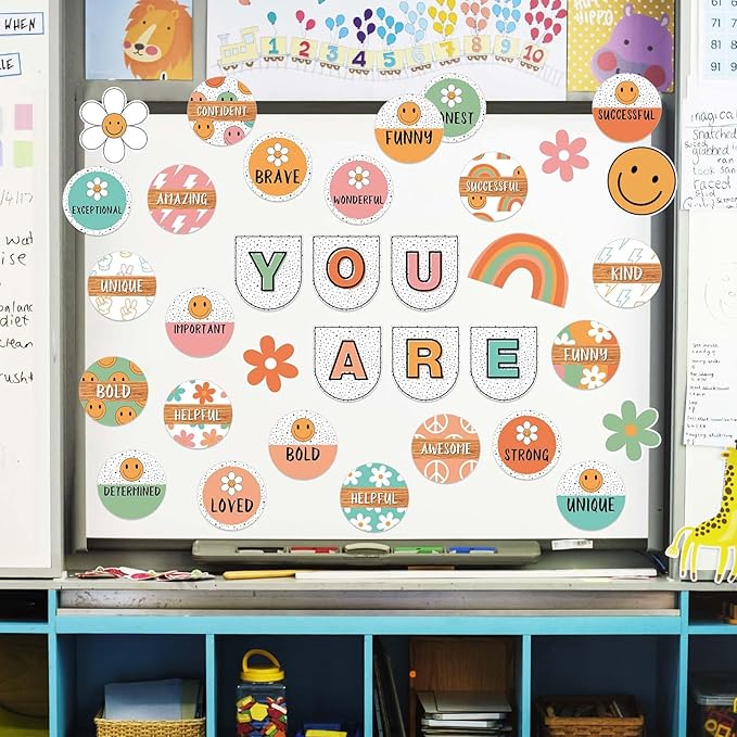 JarThenaAMCS Boho Affirmation Station Bulletin Board Set Retro Motivational Inspirational Paper Cutouts with Glue Points Positive Growth Mindset Decor for Back to School Students Classroom Home