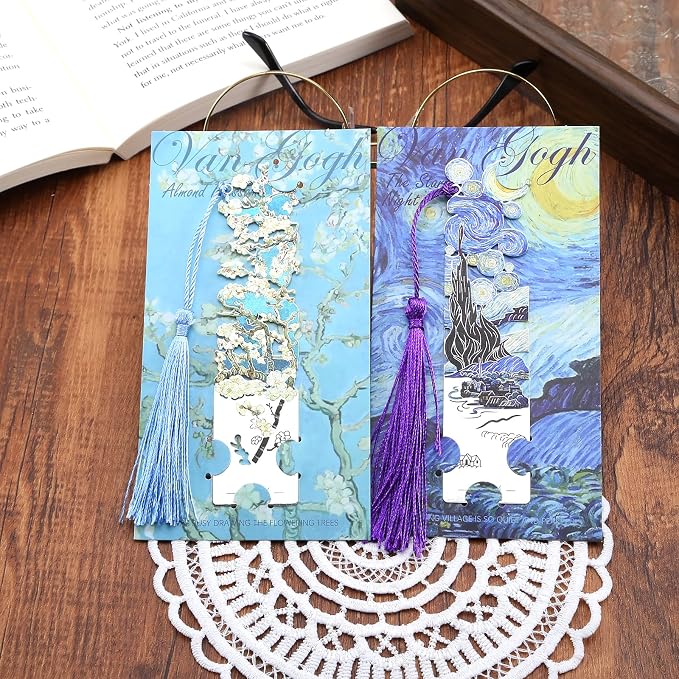 2 Metal Bookmarks with Tassel, Oil Painting Starry Night Over The Rhone and Almond Blossoms, Pretty Bookmarks for Women