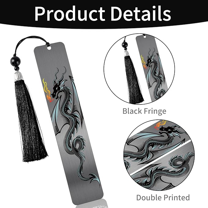 Dragon Metal Bookmark for Men Boys, Cool Book Page Marker with Tassel and Gift Box, Black Reading Clip for Office School, Birthday Christmas Inspirational Gifts