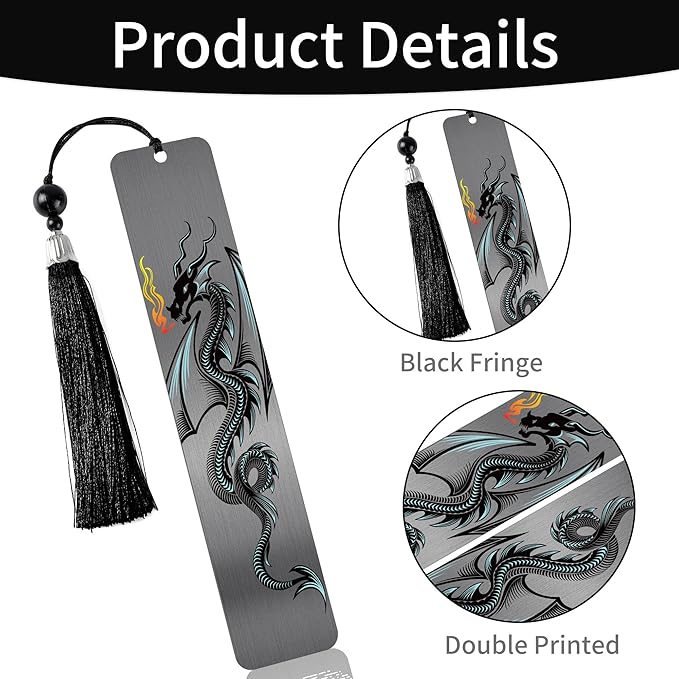 Dragon Bookmark Gift for Men Boys: Cool Book Page Markers, Dragon Metal Book Mark Clips for Reading, Gifts for Kids Men Adults Office School Supplies with Gift Box (Double Printed)