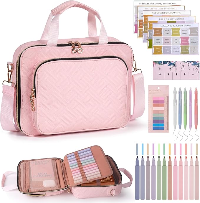 Bible Cover Case for Women Elegant Carrying Bag with Handles & Shoulder Strap Large Bible Storage Bag–Includes Bible Study Supplies, Highlighters(Pink, L)