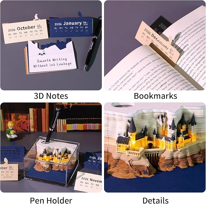 3D Calendar 2026 with Memo Pad Notepad, Timepiece 2026 Planner, Tear-Away 3D Artsy Pads, Creative Perpetual Organizer, Ideal New Year Gift for Office & Home (With Weekly Calendar & Light-Buttery Not Included)