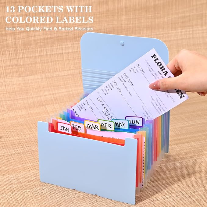 2Pcs Receipt Coupon Holder Organizer, 13 Pockets Small Accordian File Organizer, Expanding File Folder with Colorful Tabs, A6 Size for Cards, Check, Tickets, Monthly Bills Storage (Blue)