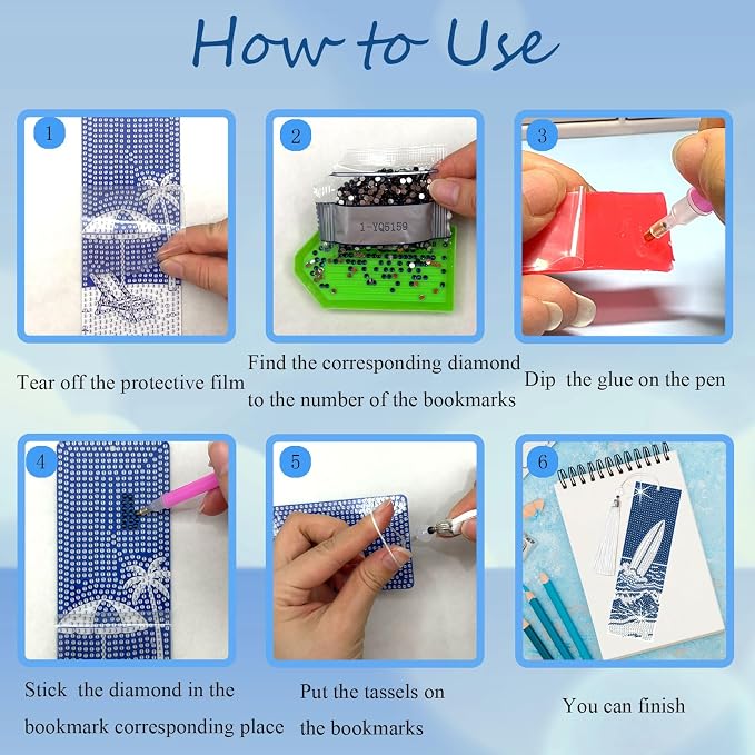8PCS Diamond Painting Art Bookmarks,Cute Acrylic Bookmarks Crafts Kits Gifts with Tassels for Adult Women Book Lovers (Beach)