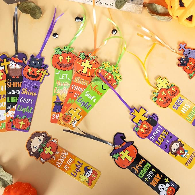 120 Pcs Religious Halloween Pumpkin Bookmarks Halloween & Thanksgiving Gift Flliers Christian Religious Pumpkin Bookmark Giveaways for Sunday School Halloween Party Favors for Classmates