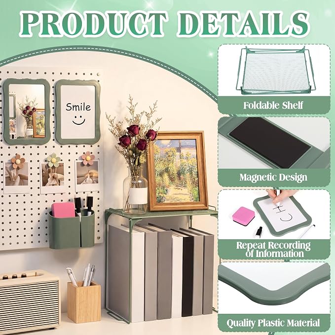 Colarr 16 Pcs Dark Green Locker Accessories for Girls Includes Magnetic Whiteboard & Mirror Locker Shelf Pen Holder 2 Dry Erase Marker & Eraser 9 Flowers for Back to School Essentials Decoration