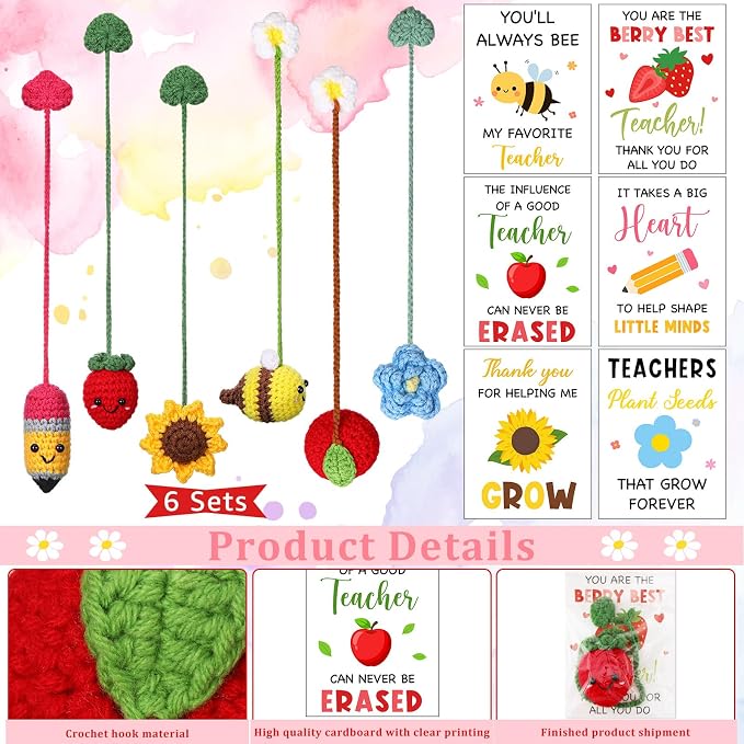 Gueevin 6 Sets Graduation Gifts for Teacher, Teachers Crochet Bookmarks Thank You Gifts for Women Crochet Bookmarks with Cards and OPP Bags for Graduation End of Year Supplies