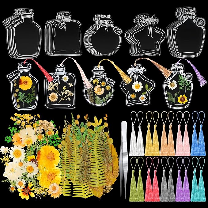 TaoBary 161 Pcs DIY Transparent Dried Flower Bookmark Set Include Clear Bookmarks Dried Flowers Colorful Tassels and Tweezer Handmade Dried Floral Bookmark for Reader Book Bottle(Fresh)