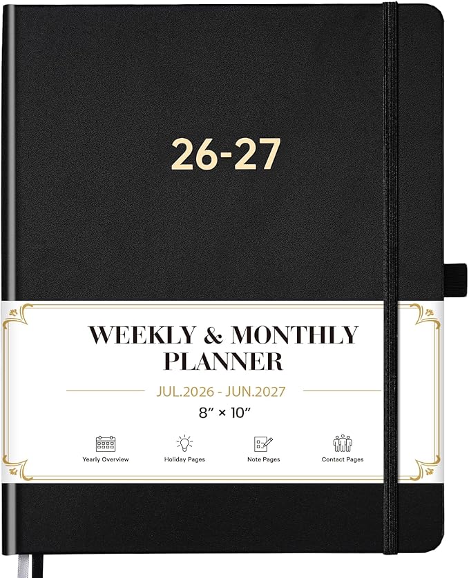 Planner 2026-2027 - Academic Planner 2026-2027, July 2026 - June 2027, 8'' x 10'', 26-27 Planner Weekly and Monthly, 26-27 Calendar Planners with Pen Holder, Elastic Closure, Leather Hardcover - Black