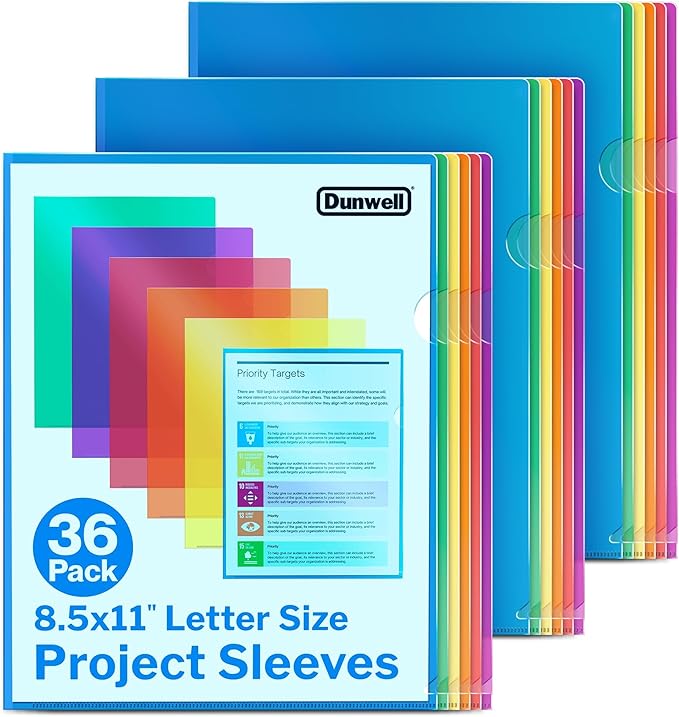 Dunwell Clear Plastic Folders for Documents (36 Pack, Assorted Colors) - Letter Size Plastic File Folder Sleeves 8.5x11 - Durable & Tear-Resistant Poly Document Folder Jackets for School Office & Home