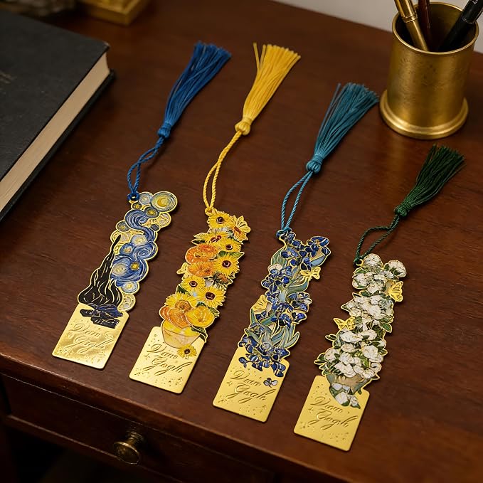 4 Pieces Elegant Metal Bookmarks with Tassel, Hollow Out Art Design Bookmarks with Tassels for Books and Journals (4 Pieces)