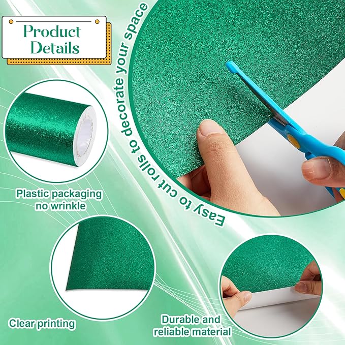 gisgfim 16" x20ft Glitter Bulletin Board Paper Roll Sparkle Color Bulletin Board Background Poster Paper Non Fading Gift Wrapping DIY Art Crafts for Office Classroom Decoration, Eucalyptus Green