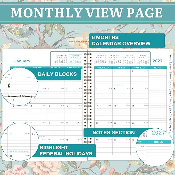 2027 Monthly Planner - 2027 Planner with Tabs, Monthly Planner/Calendar 2027, Jan. 2027 - Dec. 2027, 9" x 11", Strong Gold Twin-wire Binding, Back Pocket, Note Pages - Floral