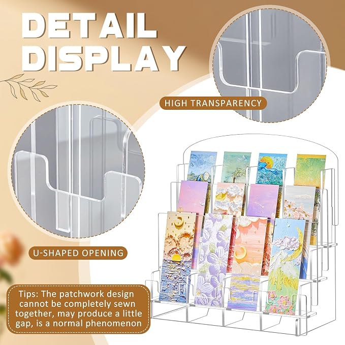Yuntau Acrylic Bookmark Display, Adjustable 2. 2'' Bookmark Stand, Portable Sticker Holder, Curved Pockets Greeting Card Display for Business Vendor, Retail Store Shop(Detachable,12 Pockets)