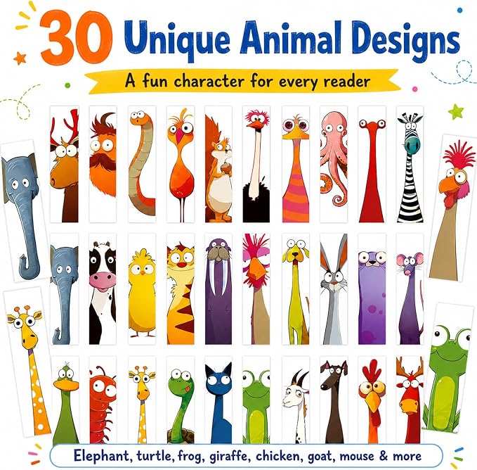 30Pcs Fun Bookmarks for Kids,Funny Animals Cartoon Kids Bookmarks,Creative Cartoon Page Holders,Funny Book Marks for Book Lovers/Students/Readers/Teacher,4th of July Gift.