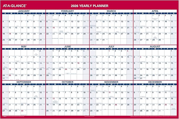 AT-A-GLANCE 2026 Erasable Calendar, Dry Erase Wall Planner, 48" x 32", Extra Large, Vertical-Horizontal, Reversible (PM3262826)