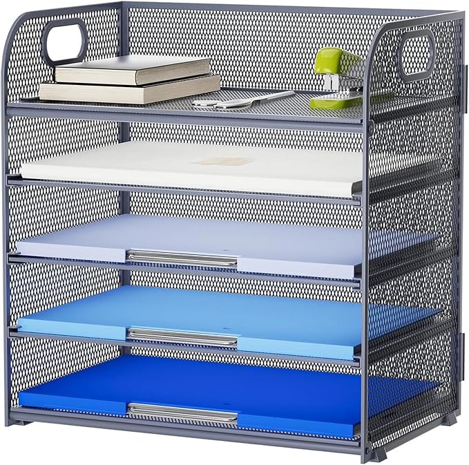 Marbrasse 5 Tier Paper Organizer Letter Tray, Mesh Desk File Organizer with Handle, Paper Sorter Desk Organizer for Home Office Supplies - Grey