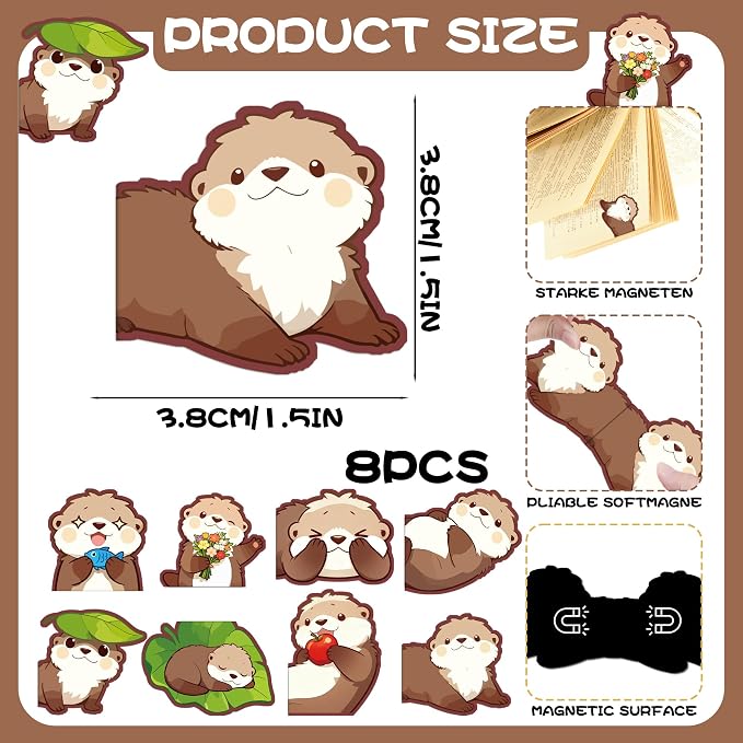 Otters Magnetic Bookmarks Gifts - 8 Pcs Cute Animals Bookmark for Women Book Lovers Students Funny Page Clips Office Reading Accessories Bookworms Gift for Birthday Christmas