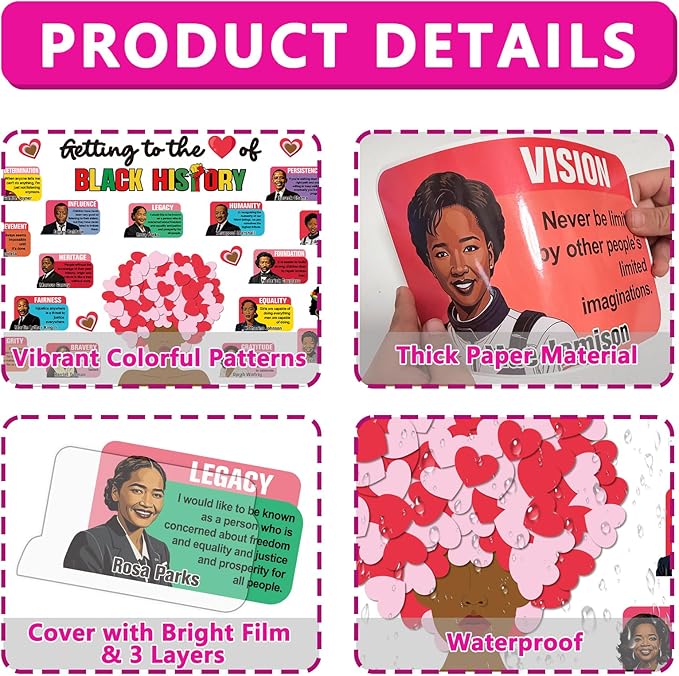 Black History Month Bulletin Board Decoration Valentine's Day Bulletin Board Set African American Cutouts Decorations February Heart Craft Cutouts for School Classroom Office Door Wall Decor Supplies