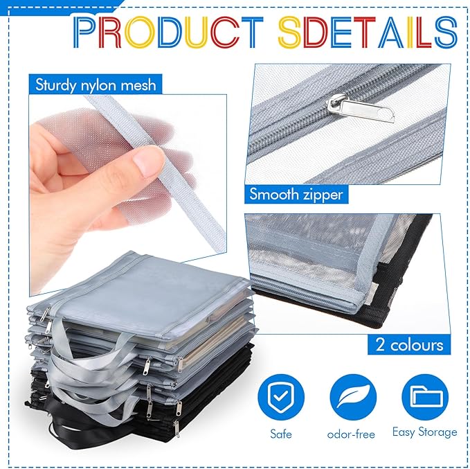 12 Pcs A4 Mesh Zipper Pouch Bags with Handles Black and Gray Double Layer Nylon Document Organizer Pouch for School Office Portable Games Toy Storage Bags for Building Blocks
