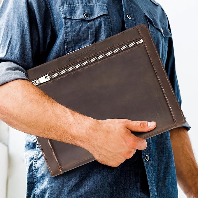 Top Grain Leather 11" Portfolio for Men & Women, Solid Vintage Design, Handmade, Large Capacity Multi-Functional Business Padfolio, Holder for Cards/iPad/Phone/Cable/A5 Paper, Coffee 11 Inch