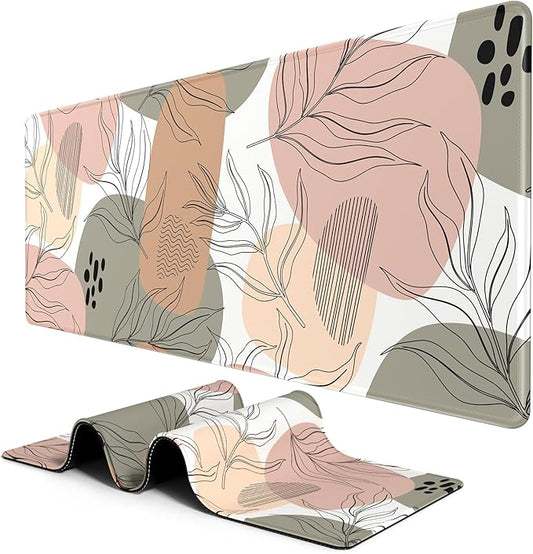 BOSOBO Large Mouse Pad, Desk Pad, XXL XL Extended Gaming Mouse Pad, Desk Mat for Office & Home, Long and Huge Keyboard Mat, Desktop Full Cover 35.5 x 15.7 Inches, Modern Boho Leaves