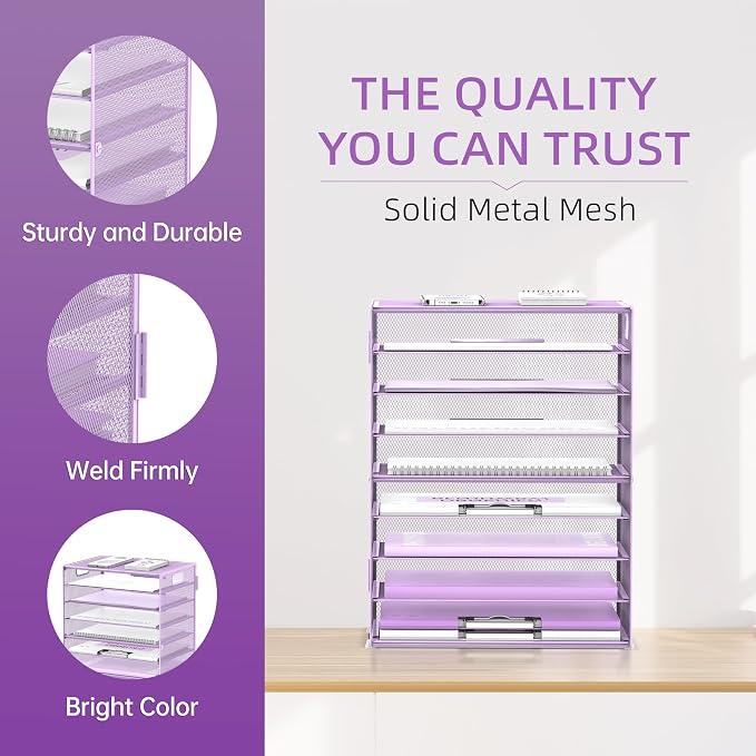 DALTACK 9-Tier Paper Organizer for Desk, Mesh Letter Tray Desk Organizer with Handles, Space-Saving File Organizer for Office Home School, Purple