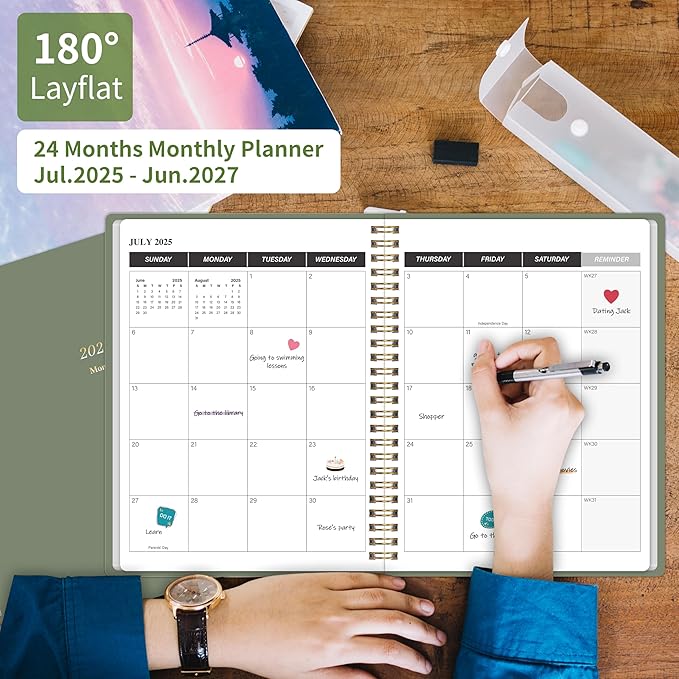 Monthly Planner 2025-2027, July 2025 - June 2027, 2 Year Calendar 2025-2027 Monthly Planner, 7.5" x 10", 24 month Calendar With Goals To Do List, Habit Tracker Suitable for Schools & Offices & Home, Green