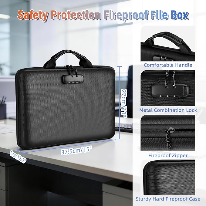 Fireproof Document Safe Box, Waterproof for Important Documents, Fire/Water Resistant File Box with Lockable Zipper for Travel, Home & Office, Organizer for Passport, Bill, USB Drive, Cards, Firebox