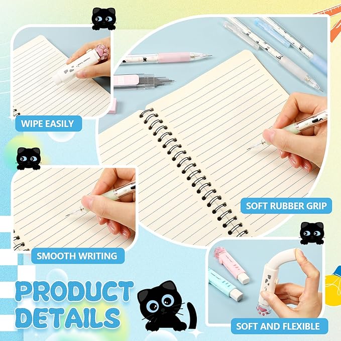 11 Pcs Black Cat Mechanical Pencil Set, 4 Mechanical Pencils 0.5mm, with 4 2B Lead Refills and 3/5 Erasers Christmas Stocking Stuffers for Women Cats Lovers Gifts (Cat)