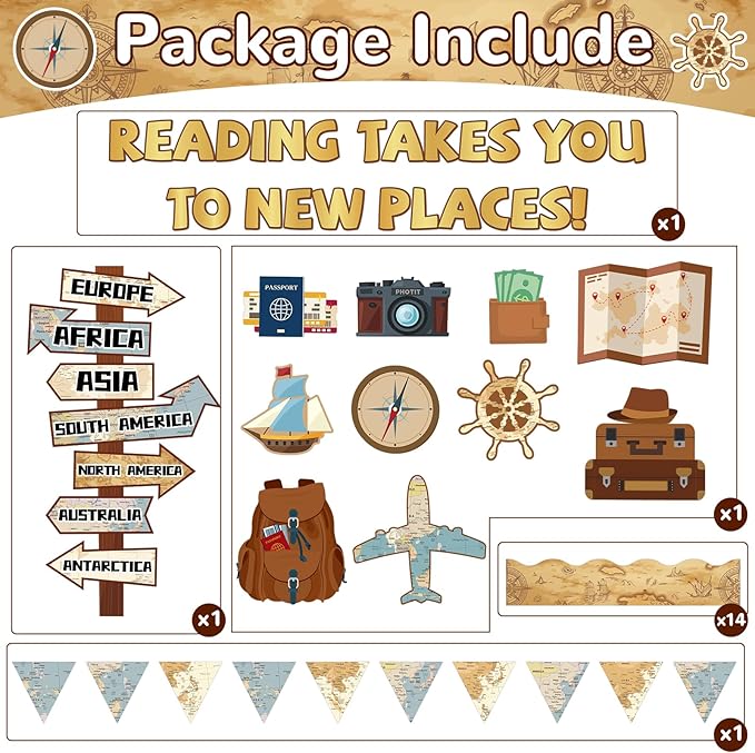 Travel The Map Reading Class Bulletin Board Set Adventure Classroom Decoration Back to School Reading Takes You to New Places Paper Cutouts for School Nursery Chalkboard Wall Door Decor Party Supplies