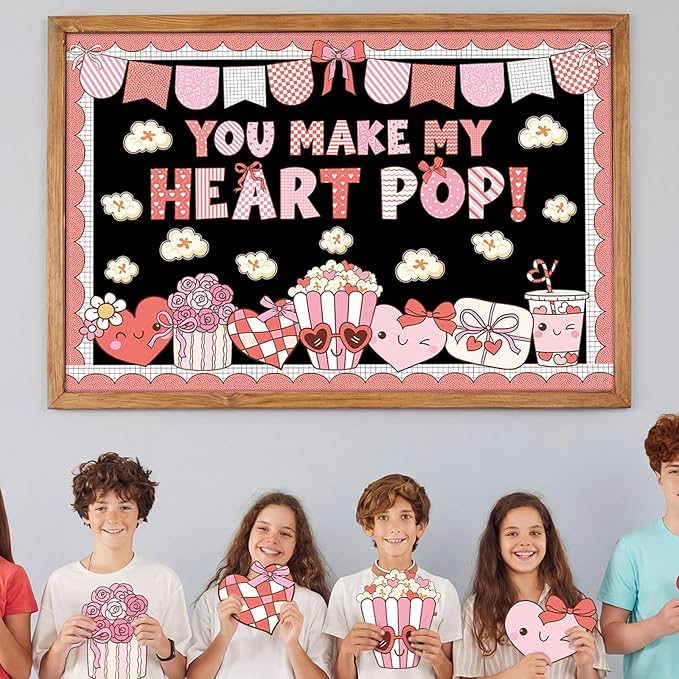 Mooliwe 100 Pcs Valentine's Day Bulletin Board Decorations Set You Make My Heart Pop Valentines Classroom Decorations Popcorn Heart Cutouts February Bulletin Board for Party Home School Wall Decor
