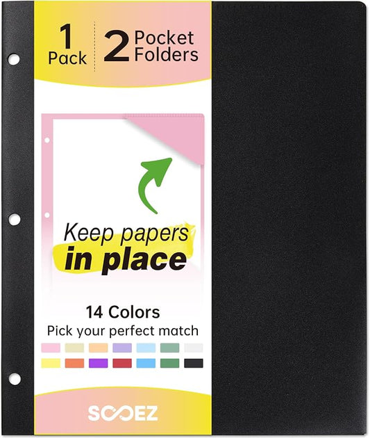 Sooez 2-Pocket Folders, Plastic Folders with Pockets 3 Hole Punched, 1 Pack Pockets Folder for 3 Ring Binder with Labels, Heavy Duty Binder Folder for Document, Letter Size File Folder,Black