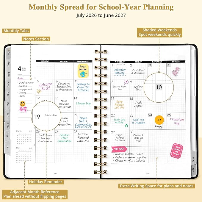 JoyCat Academic Planner 2026-2027, July 2026 - June 2027, A5 Weekly & Monthly Planner, Hardcover Agenda with Tabs, 5 Sticker Sheets, Elastic Closure & Pocket for Teachers & Students, 6.3" x 8.5", Black