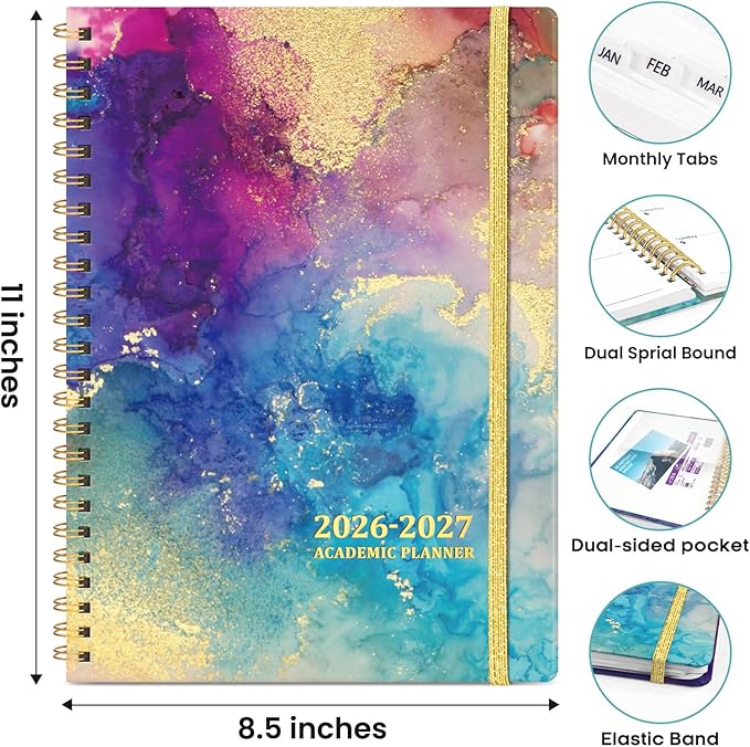 Academic Planner 2026-2027, Weekly and Monthly Calendar Book, July 2026 – June 2027, Hardcover Planner with Tabs, Perfect for Teachers, Students, Women & Men, A4 (8.5" x 11") - Gold