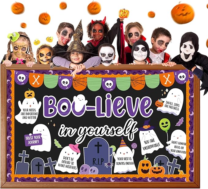 Halloween Ghost Bulletin Board Set Boo-Lieve in Yourself Affirmation Station Bulletin Board Classroom Decorations Cute Ghost Pumpkin Paper Cutouts for Halloween Party School Classroom Home Wall Decor